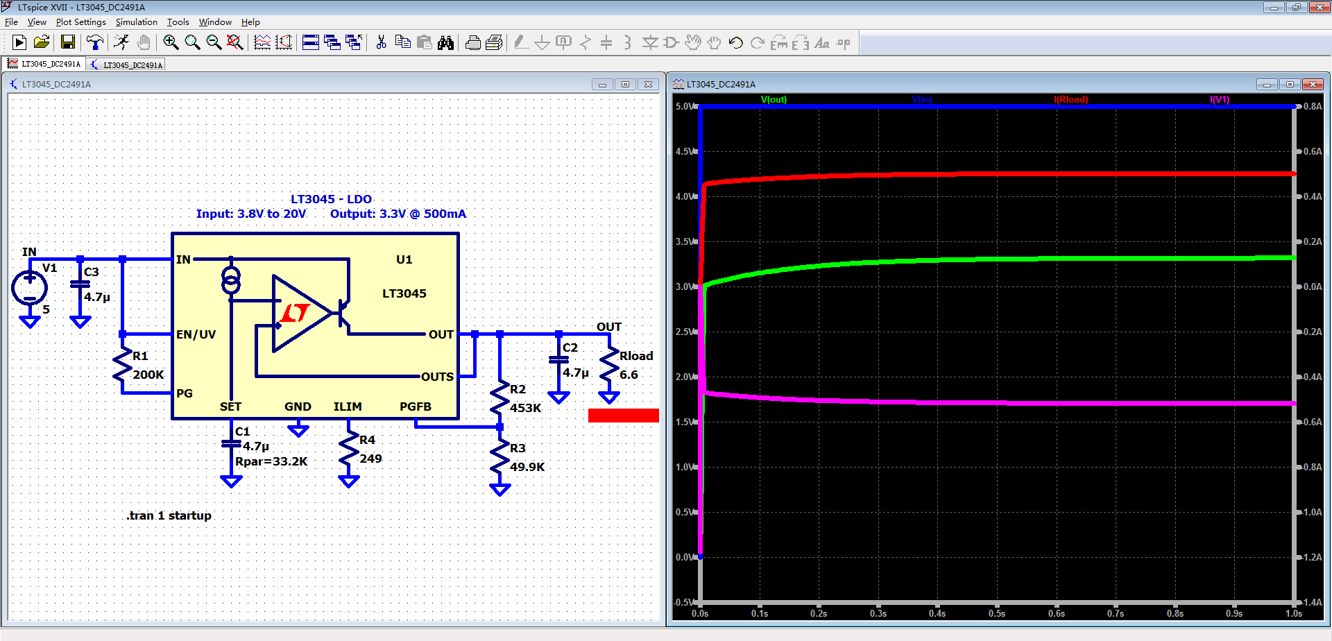 图7 电压电流仿真（Rload = 6.6 Ω）