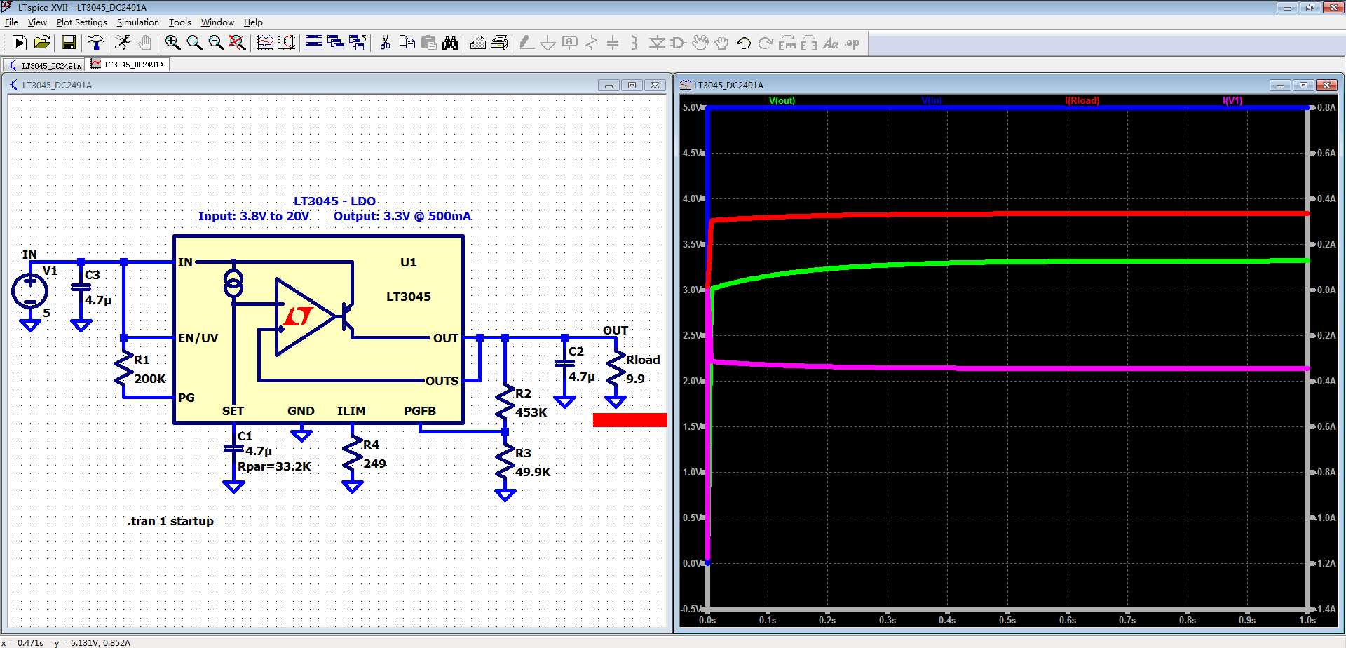 图8 电压电流仿真（Rload = 9.9 Ω）